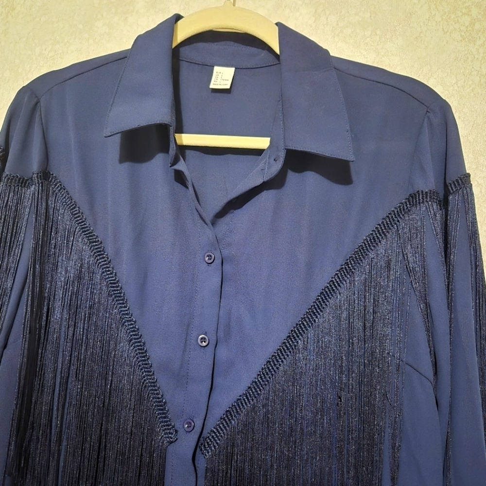 NEW...Chic Navy Fringe Button-Up Shirt..SIZE:L - Picture 9 of 13